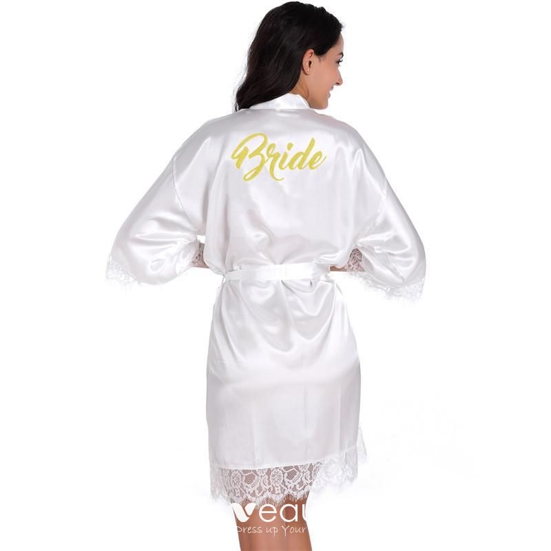 Modest / Simple White Wedding Bridal V-Neck 3/4 Sleeve Lace Silk Robes ...