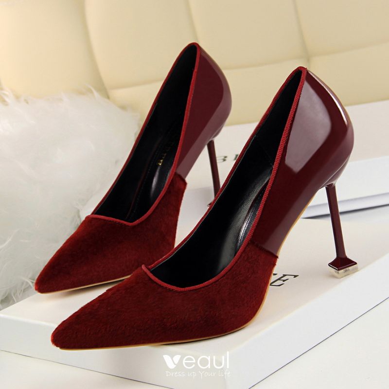 Affordable Burgundy Casual Pumps 2020 Suede 9 cm Stiletto Heels Pointed ...