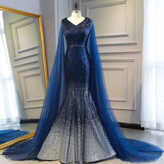 Sparkly Navy Blue Sequins Evening Dresses 2019 Trumpet / Mermaid V-Neck ...