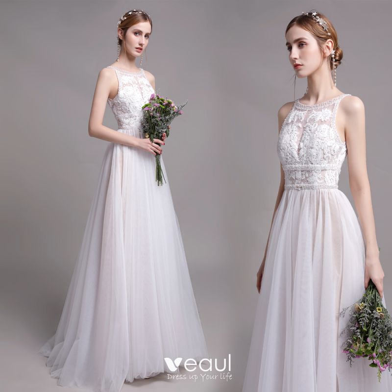 Modest Simple Champagne Beach Wedding Dresses 2019 A Line Princess Scoop Neck Pearl Lace Flower Sleeveless Backless Floor Length Long