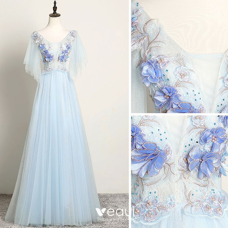 Chic / Beautiful Sky Blue Evening Dresses 2019 A-Line / Princess V-Neck ...