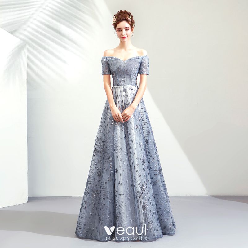 Elegant Silver Evening Dresses 2019 A-Line / Princess Off-The-Shoulder ...