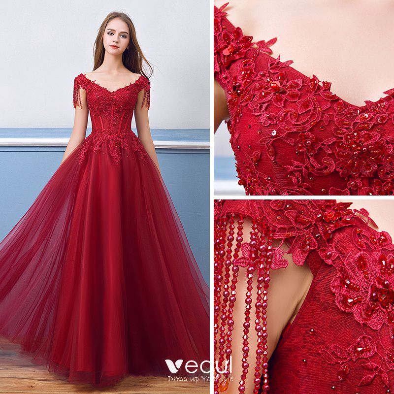 Chic Beautiful Burgundy Evening Dresses 2018 A Line Princess Beading Crystal Tassel Lace 