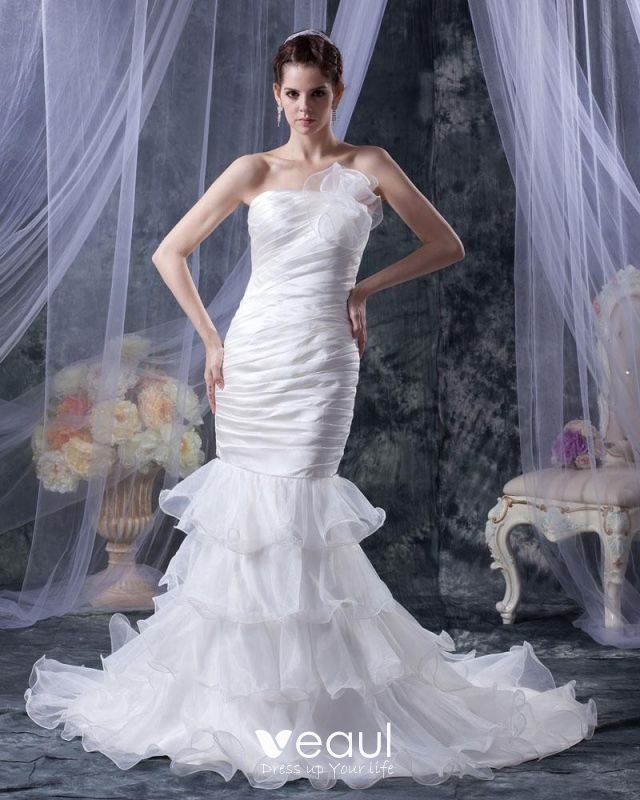 Organza Ruffle Beaded Strapless Court Mermaid Bridal Gown Wedding Dresses