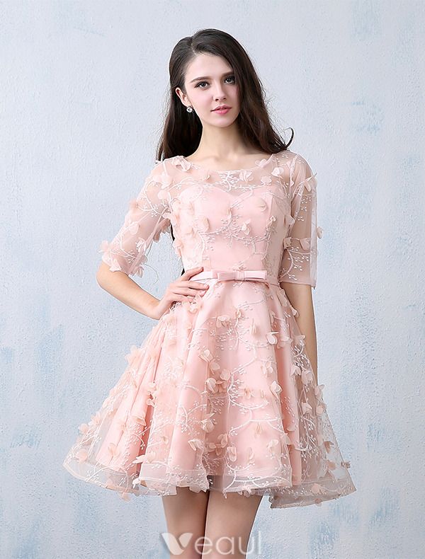 Beautiful Party Dresses 2016 Scoop Neckline Pearl Pink Lace Tulle With ...