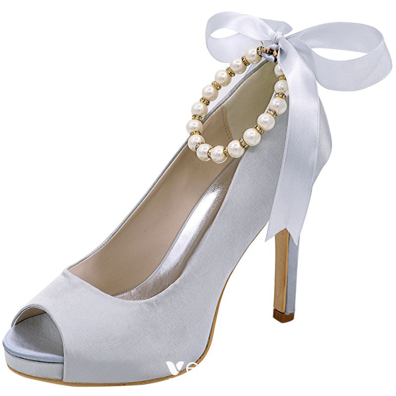 Classy Champagne Evening Party Satin Pumps 2020 Bow Pearl Ankle Strap ...