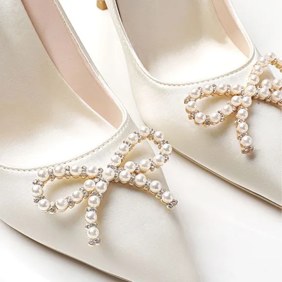 Elegant Beige Satin Wedding Shoes 2020 Pearl Rhinestone Bow 10 cm ...