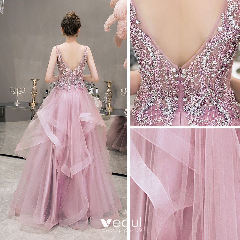 Illusion Blushing Pink Evening Dresses 2019 A-Line / Princess Deep V ...