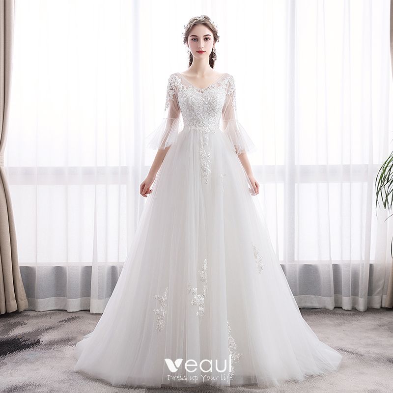 a line v neck lace wedding dress