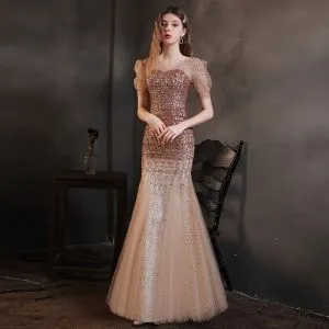 Sparkly Champagne See-through Evening Dresses 2021 Trumpet / Mermaid V ...