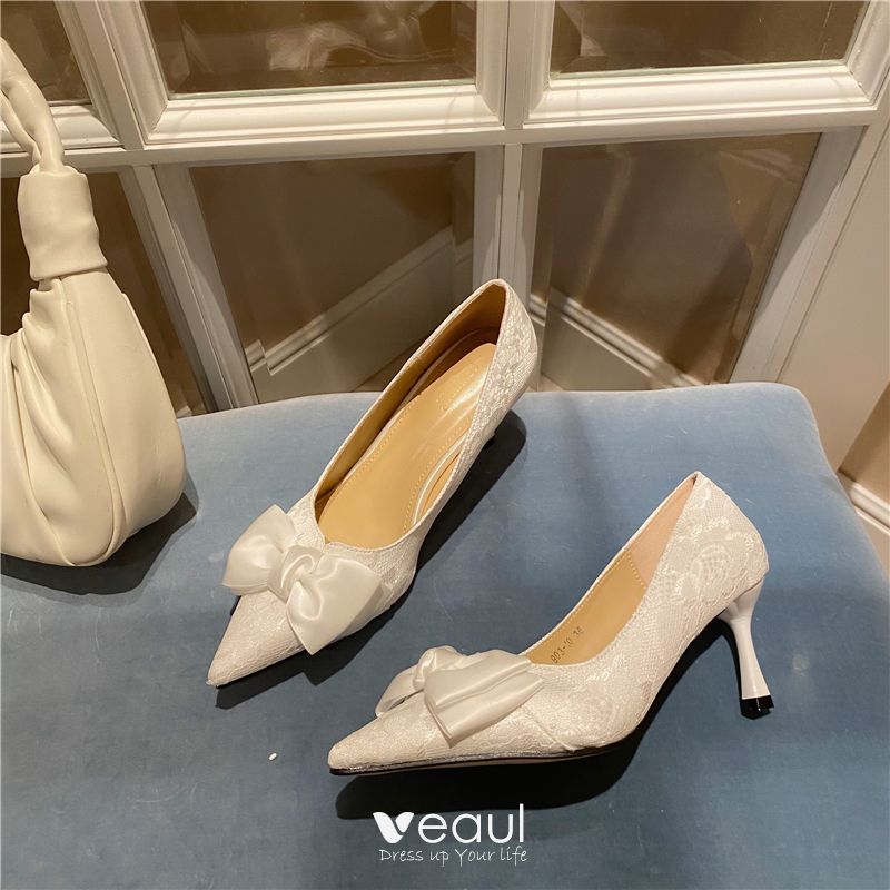 Classy Ivory Lace Bow Wedding Shoes 2021 7 cm Stiletto Heels High Heels ...