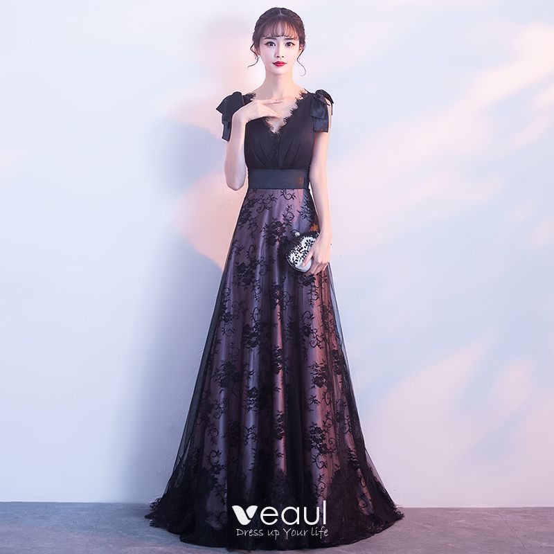 Chic / Beautiful Black Evening Dresses 2017 A-Line / Princess V-Neck ...