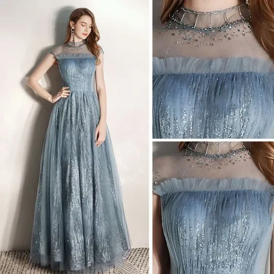 Chic / Beautiful Ink Blue See-through Evening Dresses 2020 A-Line ...