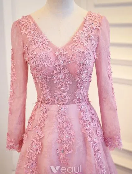 Elegant Prom Dresses 2017 V-neck Long Sleeves Beading Rhinestones Pink ...