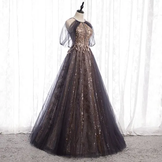 Charming Black Gold Glitter Prom Dresses 2020 A-Line / Princess Scoop ...