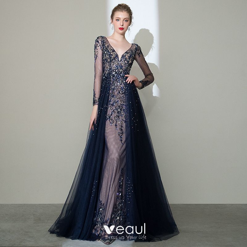 Luxury / Gorgeous Navy Blue See-through Pageant Evening Dresses 2020 A-Line  / Princess Deep V-Neck