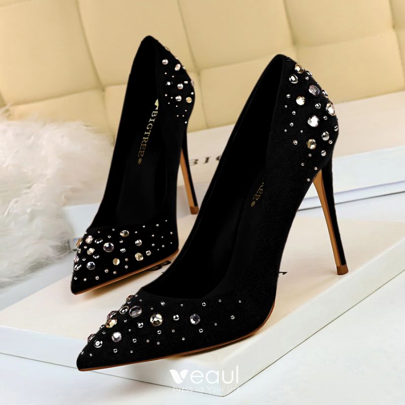 chic beautiful black suede prom pumps 2019 rhinestone 10 cm stiletto heels pointed toe pumps