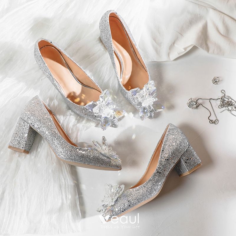 silver sparkly thick heels