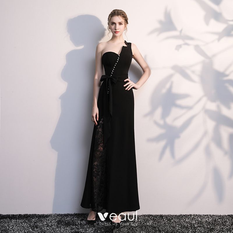 one shoulder black evening gown