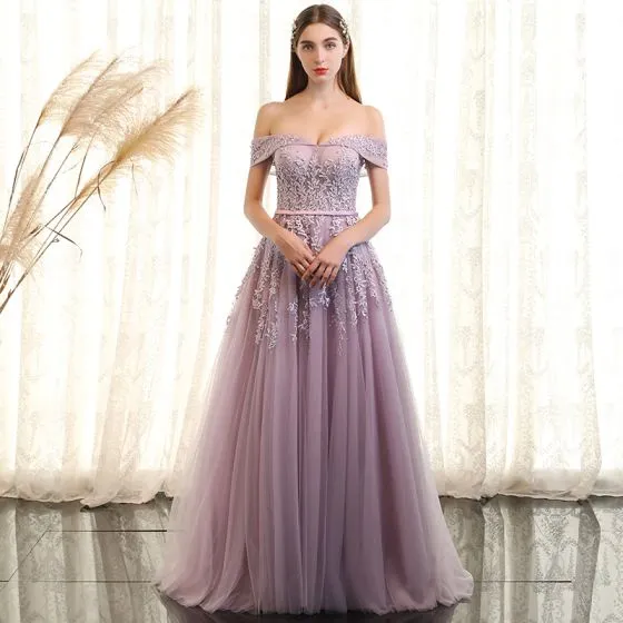 Elegant Lavender Prom Dresses 2018 A-Line / Princess Lace Flower Pearl ...