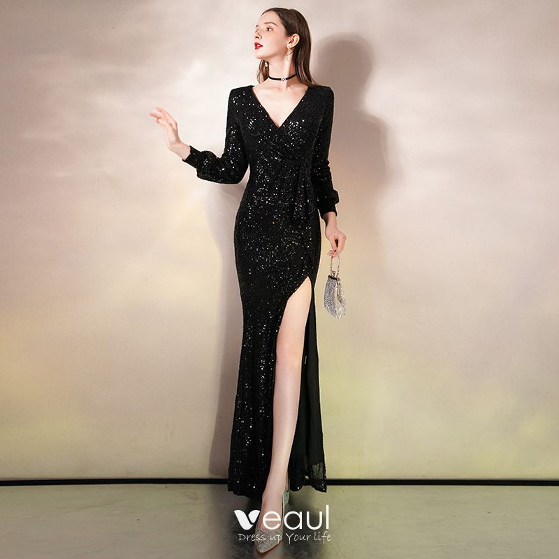 Sexy Black Sequins Evening Dresses 2020 Trumpet / Mermaid Deep V-Neck ...