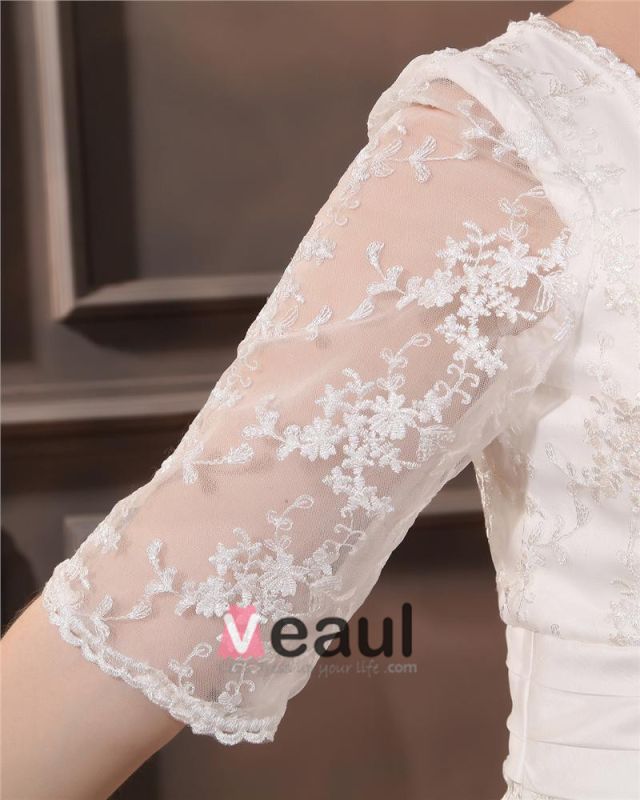 Lace V Neck Three Quarter  Sleeve  Plus  Size  Bridal  Gown  