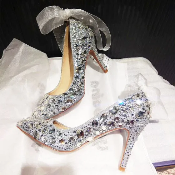 Charming Silver Wedding Shoes 2019 Bow Rhinestone Sequins 10 cm ...