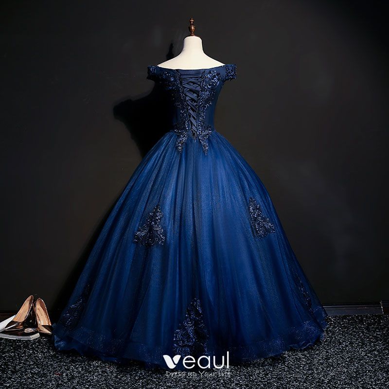 Vintage / Retro Navy Blue Prom Dresses 2018 Ball Gown Off-The-Shoulder ...