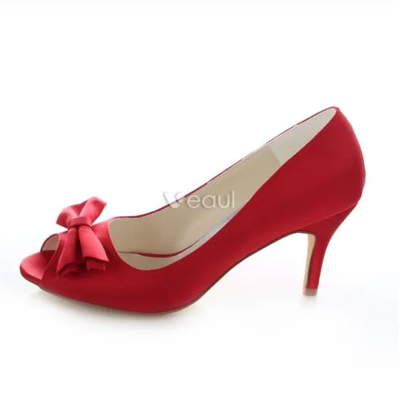 Elegant Red Satin Bridal Shoes Stiletto Heels Pumps Peep Toe With Bow