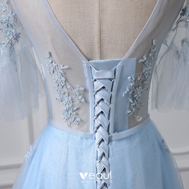 Illusion Sky Blue Pierced Evening Dresses 2018 A-Line / Princess V-Neck ...