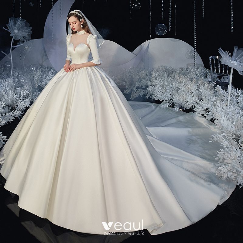 Vintage / Retro Ivory Satin Bridal Wedding Dresses 2020 Ball Gown See ...