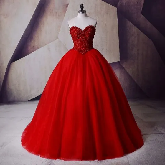 red strapless ball gown prom dress