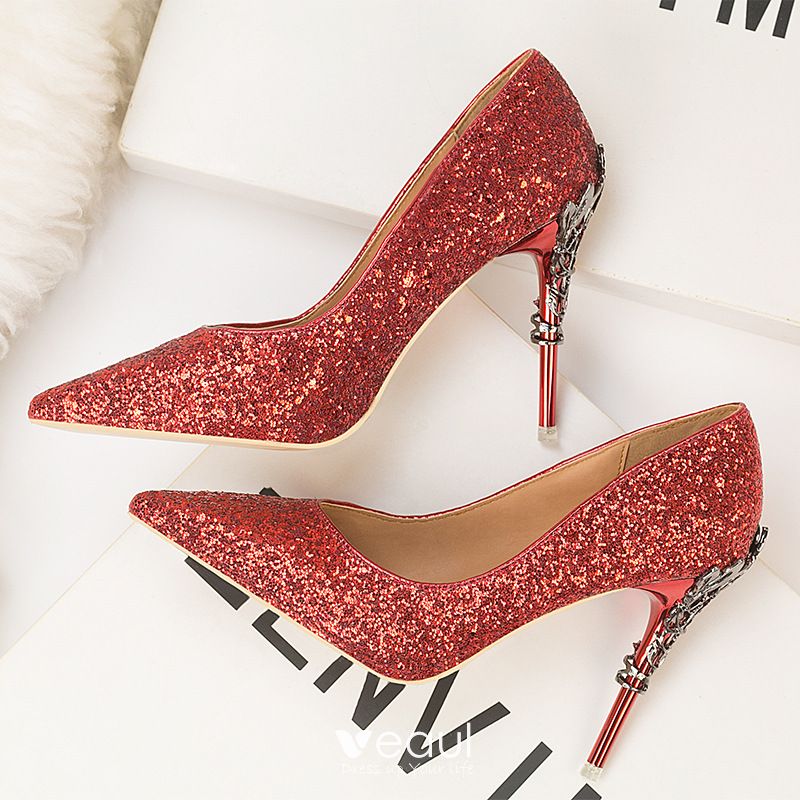 Follies Spikes Gold Studded Sexy 12cm Red Bottoms High Heels Shoes Women  Shiny Sequins Point Stiletto Toe Pumps Dress Shoes