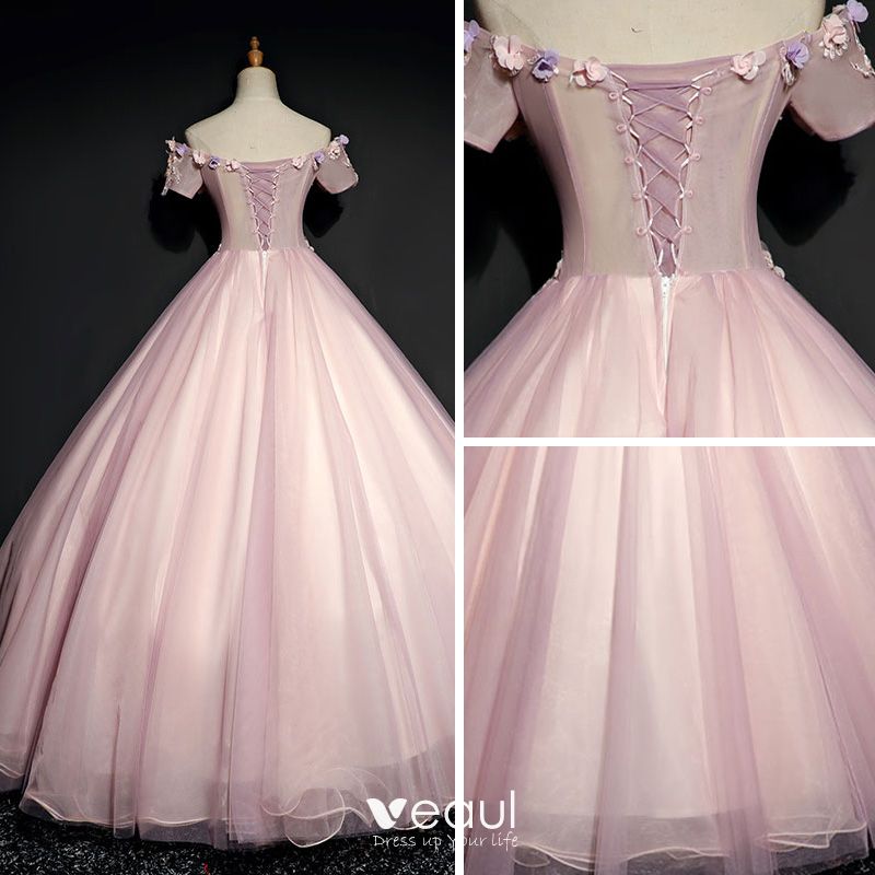 Chic / Beautiful Pearl Pink Prom Dresses 2017 Ball Gown Lace Flower ...