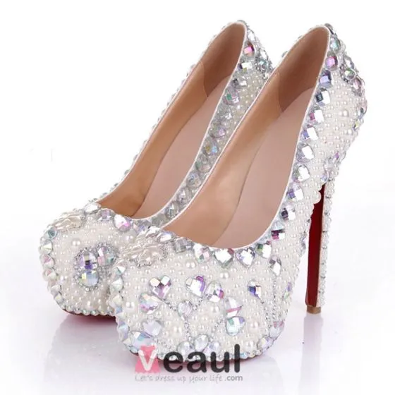 Luxury Elegant White Pearl Crystal Rhinestone Platform Pumps Wedding Shoes
