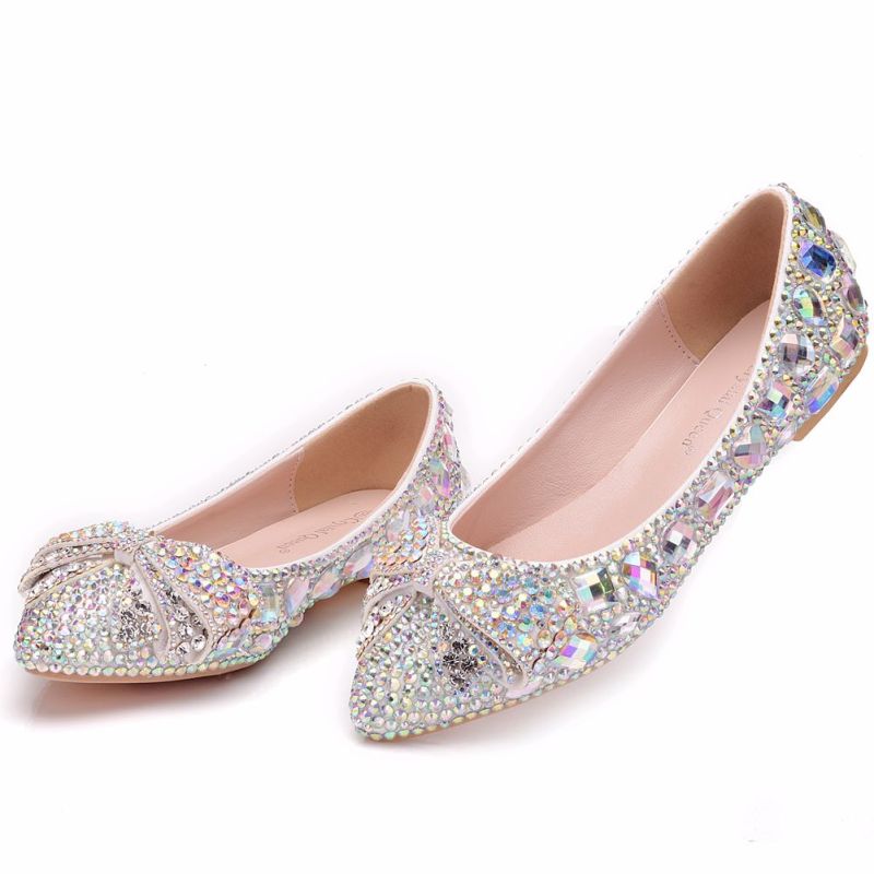 Sparkly Silver Wedding Shoes 2018 Crystal Rhinestone Pointed Toe Flat ...