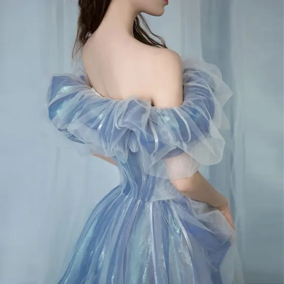Illusion Sky Blue Cinderella Prom Dresses 2021 A-Line / Princess Off ...