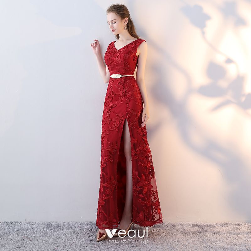 Modern / Fashion Red Evening Dresses 2017 Trumpet / Mermaid V-Neck ...