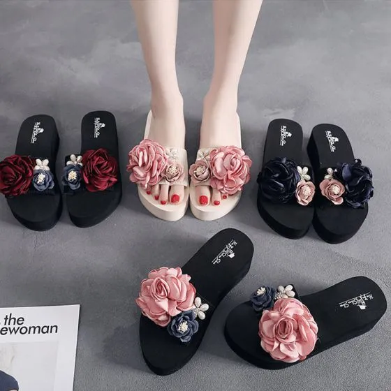 Chip Slime oprejst Modern / Fashion Black Summer Casual Slipper & Flip flops 2018 Artificial  Flowers Pearl 5 cm Platform
