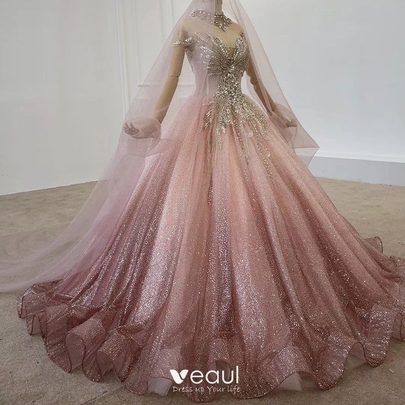 Stunning Bling Bling Pearl Pink GradientColor Ball Gown