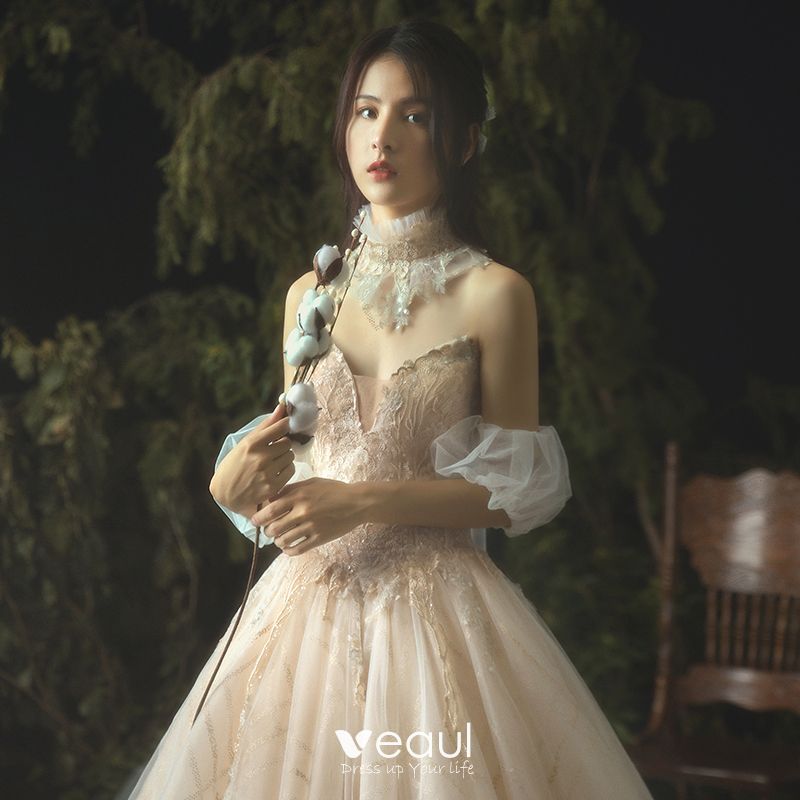 Luxury / Gorgeous Champagne Wedding Dresses 2019 A-Line / Princess Lace ...