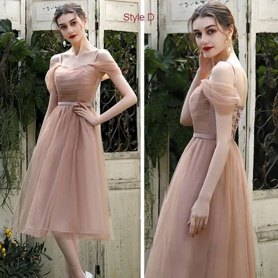 Affordable Brown Bridesmaid Dresses 2021 A-Line / Princess Short Sleeve ...