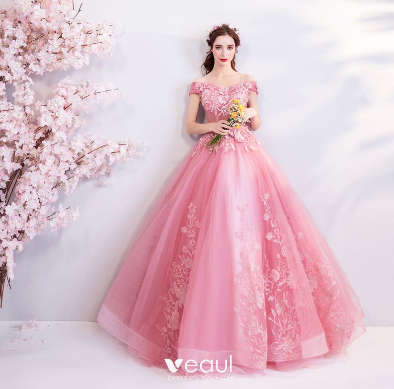 Flower Fairy Candy Pink Floor-Length / Long Prom Dresses 2018 Ball Gown ...