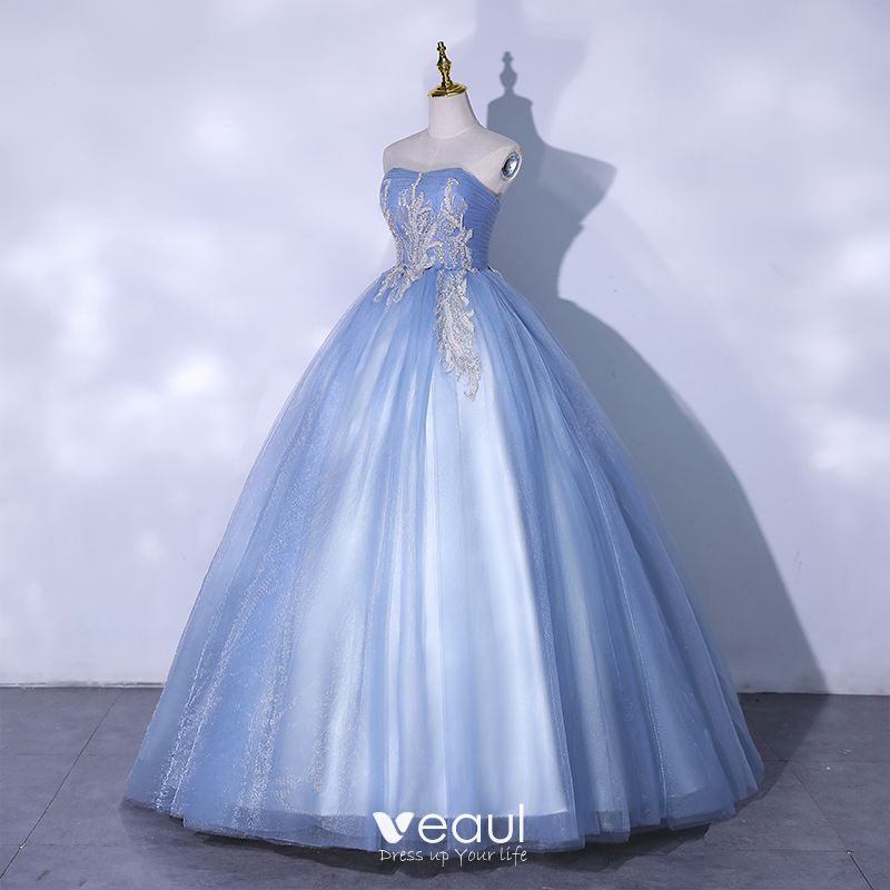 Elegant Sky Blue Prom Dresses 2021 Ball Gown Strapless Beading Sequins ...