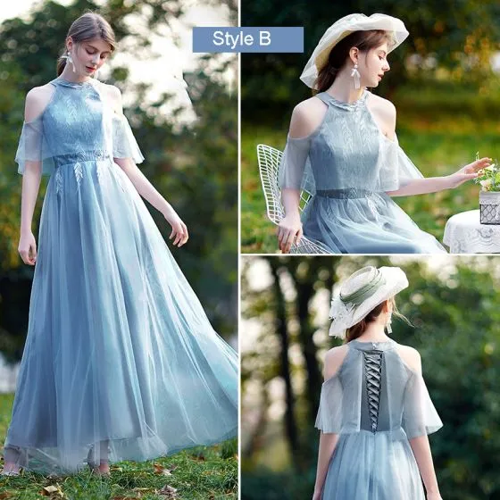 Affordable Ocean Blue Bridesmaid Dresses 2021 A Line Princess Appliques Lace Backless Floor Length Long Ruffle 560x560 