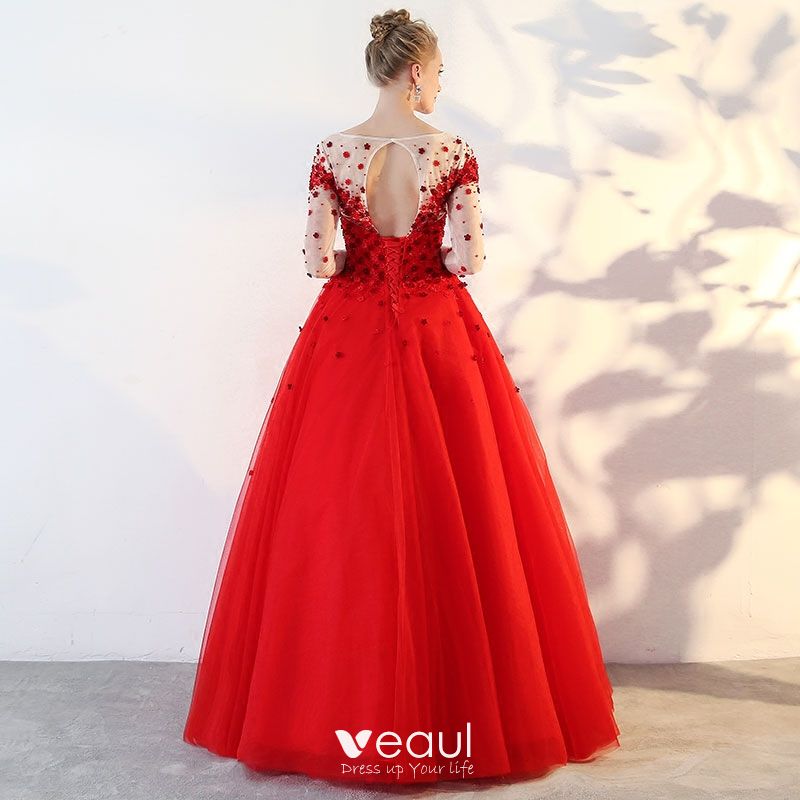 long sleeve red formal dress