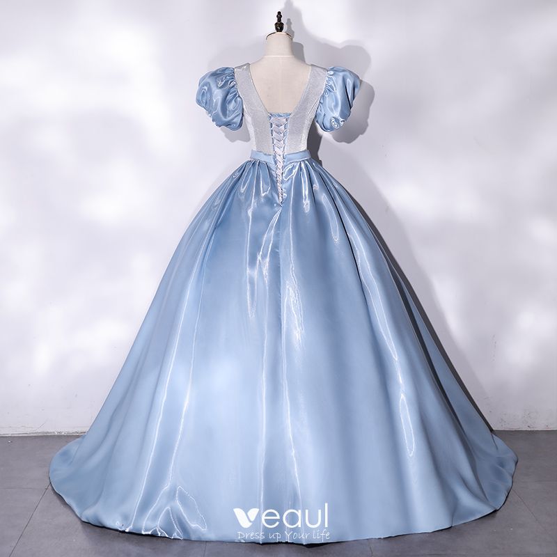 Cinderella Fashion Sky Blue Prom Dresses 2021 Ball Gown Satin V-Neck ...