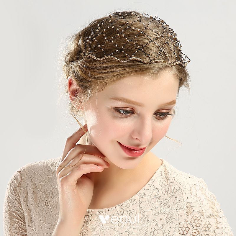 Amazing / Unique Gold Tiara Bridal Hair Accessories 2020 Alloy Beading  Rhinestone Pierced Wedding Accessories