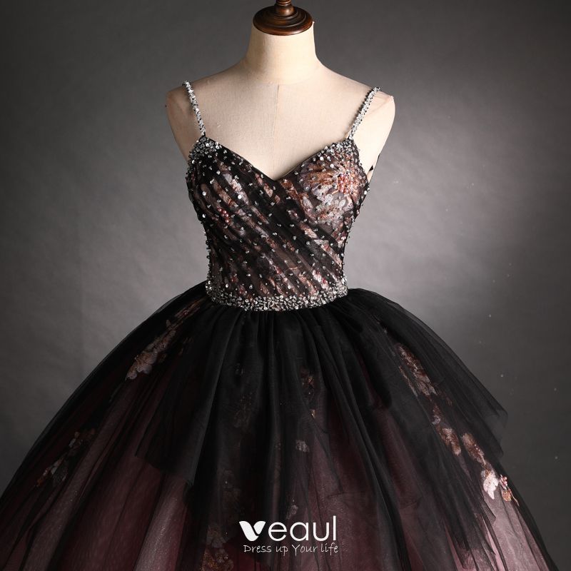 Elegant Black Red Prom Dresses 2021 Ball Gown Spaghetti Straps Beading ...