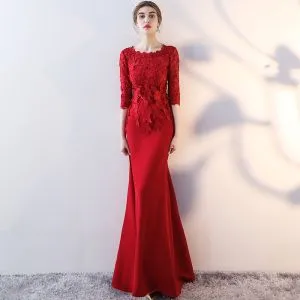 Chic / Beautiful Burgundy Evening Dresses 2017 Trumpet / Mermaid Scoop Neck 3/4 Sleeve Appliques Lace Floor-Length / Long Formal Dresses